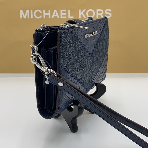 MICHAEL KORS LG DOUBLE ZIP WRISTLET WALLET NAVY MULT Crocodile Leather Snakeskin - Picture 4 of 14